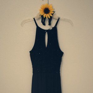Long black dress with sequence & peak hole details